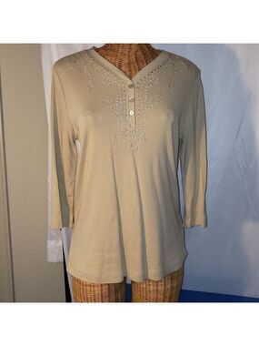 Ladies JESSICA Sport 3/4 Length V Neck Tunic w/Embroidered Neckline in Tan - M